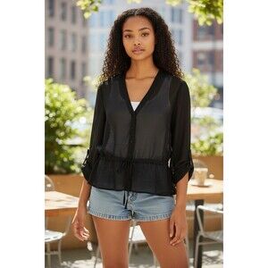 Ny Collection Petite Women’s Black Button Front Blouse Drawstring Waist Size PS
